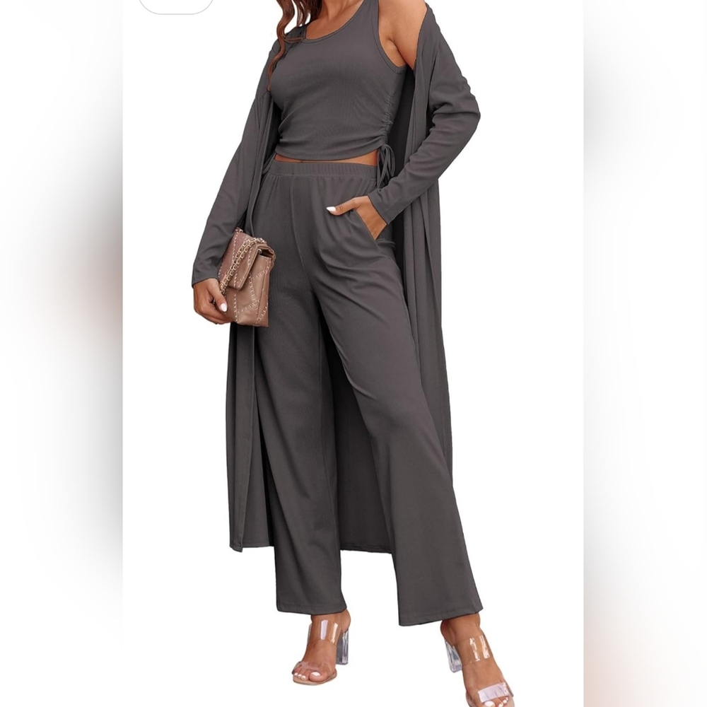 Ekouaer 3 Piece Knit Lounge Set Drawstring Side Sweatsuit